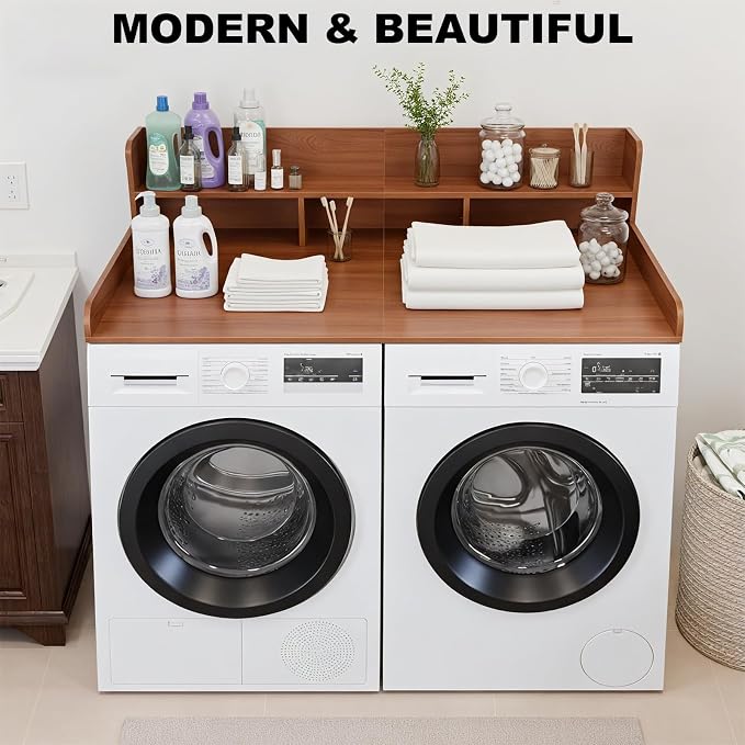 Washer Dryer Countertop with Shelf, 2-Tier Laundry Countertop Over Washer and Dryer, 54" x 27.55" Wooden Table for Folding Clothes for Laundry Room Organization and Storage (Walnut)