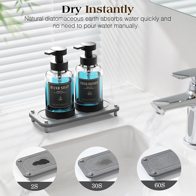 Luxspire Foaming Soap Dispenser, Non-Slip Hand Soap Dispenser with Fast Drying Tray, 15oz Glass Refillable Liquid Bottle for Bathroom & Kitchen, 2 Pack, Transparent + Dark Gray