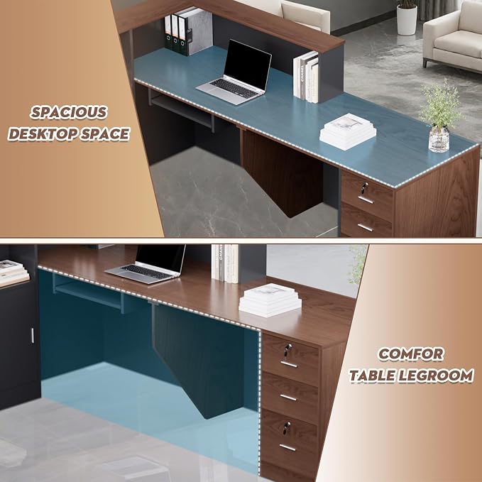 Ceridwen L-Shaped Large Wooden Reception Desk, Modern Front Desk Reception Counter with Lockable Drawers, Storage & Keyboard Tray for Office Lobby Checkout (Left-Brown + Black, 87''L x 42''W x 41''H)