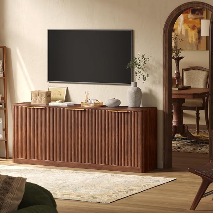 Evermagin 67" Fluted Walnut Buffet Cabinet with Storage | Mid-Century Modern Wood Sideboard, Large Credenza With 6 Doors for Kitchen or Living Room, 67"W x 31.5"H x 15.7"D