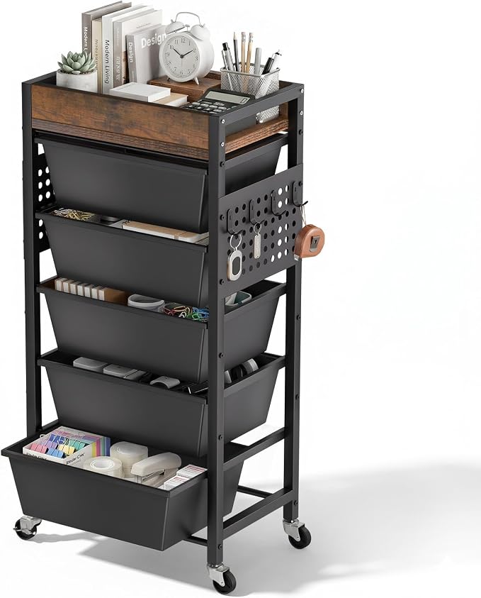6 Tier Rolling Cart with Drawers, Plastic Drawer Storage Craft Cart with Pegboards & Hooks, Metal Utility Cart with Wheels & Wooden Tabletop, Classroom Office Art Supply Organizers and Storage, Black