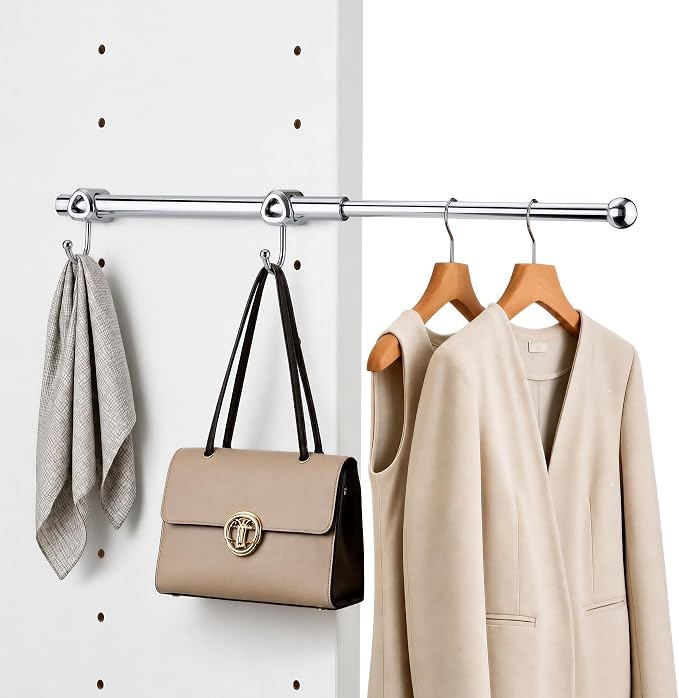 12" Valet Rod for Closets Pull Out, Closet Valet Rod Slide Out with 2 Hooks, Chrome