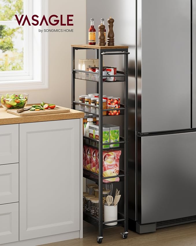 VASAGLE 6-Tier Slim Rolling Storage Cart, Narrow Kitchen Cart with Wheels, Utility Organizer, 17.9 x 8.7 x 51.7 Inch, for Bathroom Pantry, Rustic Brown and Matte Black, Dacey Collection ULRC039K101