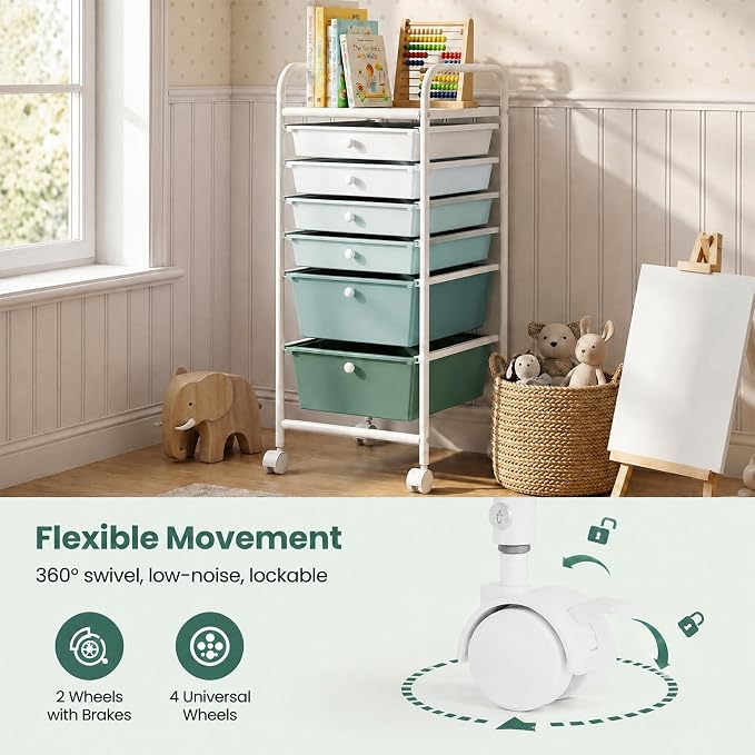 GOFLAME 6-Drawer Rolling Storage Cart, Multifunctional Art Craft Organizer Cart, Mobile Utility Storage Cart with Removable Drawers & Lockable Wheels, Craft Cart for Home Office, Green Gradient