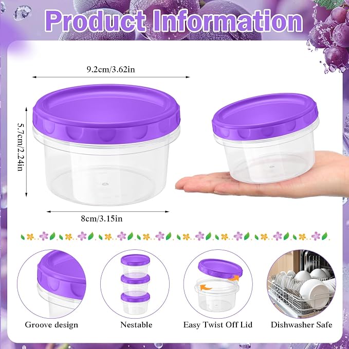 Sieral 16 Pack 8 oz Freezer Containers with Lid Reusable Deli Freezer Storage Containers Stackable Plastic Ultra Thick Twist Top Jar for Takeout Food Round Wide Mouth Lunch Snack (Purple)