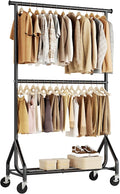 HYSEYY Heavy Duty Clothes Rack, Double Rod Clothing Rack for Hanging Clothes, Rolling Garment Rack, Adjustable Freestanding Wardrobe Closet Coat Rack for Bedroom Laundry Living Room, Black