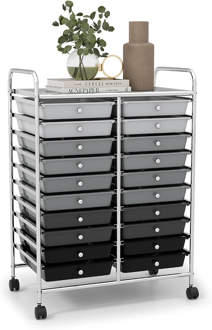 LDAILY 20-Drawer Rolling Storage Cart, Rolling Storage Cart, Storage Organizer on Wheels, Metal Frame, Scrapbook Paper Tools, Suitable for Office School, Classroom (Gradient Grey, 20 Drawer)