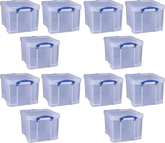 Really Useful Box 32 Liters Storage Bin Container with Snap Lid and Clip Lock Handles for Lidded Home and Office Storage Organization, 12 Pack