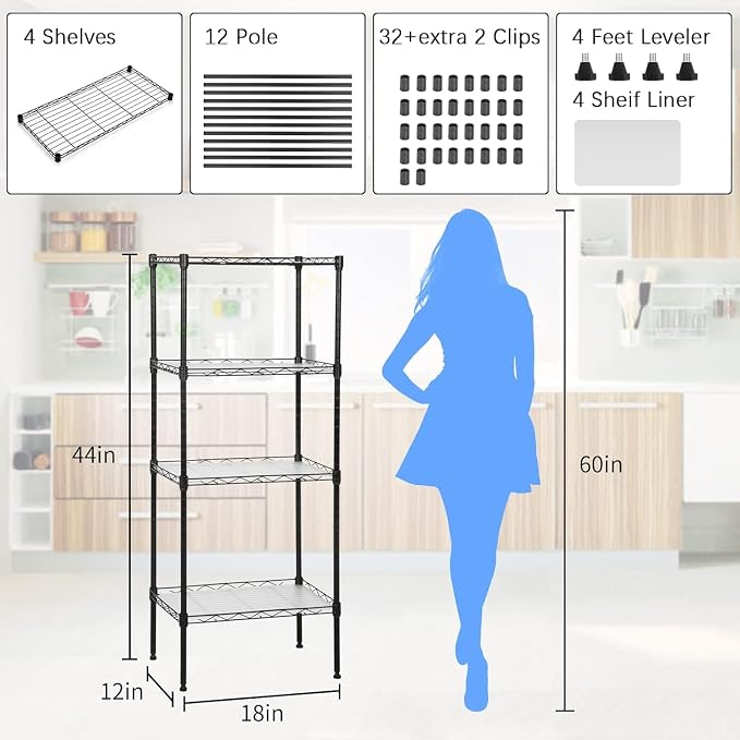 Meet perfect 4-Tier Wire Shelving Unit with 4 PP Liners, 18" W x 12" D x 44" H Heavy Duty Metal Shelf, 600Lbs Capacity Adjustable Storage Rack for Pantry, Laundry Room, Bathroom, Kitchen