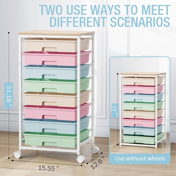 Rolling Storage Cart, Rainbow Cart with 8 Drawers and Wooden Tabletop, Teacher Organization for Classroom, Art Cart for Classroom,Office,Bedroom,Rainbow