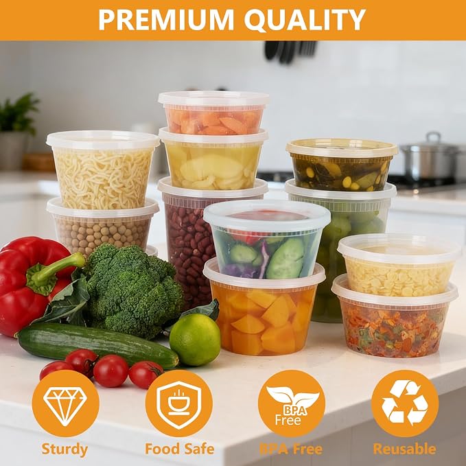 NESCCI 72 Sets (144-Piece) Deli Containers with Lids,8oz X 72 Set Each, Leak-Proof & BPA Free Airtight Takeout Plastic Food Storage Containers for Soup, Meal Prep, Microwave/Freezer Safe