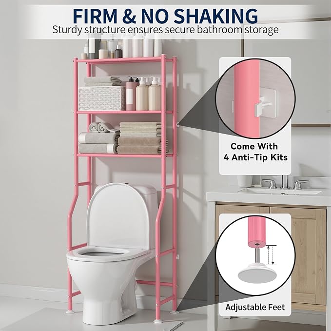 GloTika 3-Tier Over Toilet Storage Rack, Metal Over Toilet Bathroom Organizer Shelf, Freestanding Space Saver Storage Shelves for Bathroom/Laundry/Living Room (Pink)