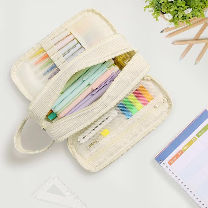 SUNEE Large Capacity Pencil Case with 3 Compartment, Extra Big Pencil Pouch, Pencil Bag with Zipper, Cute Stationery Organizer, Soft Corduroy Pen Box School Supplies for Student Teen Girls Boys, Beige