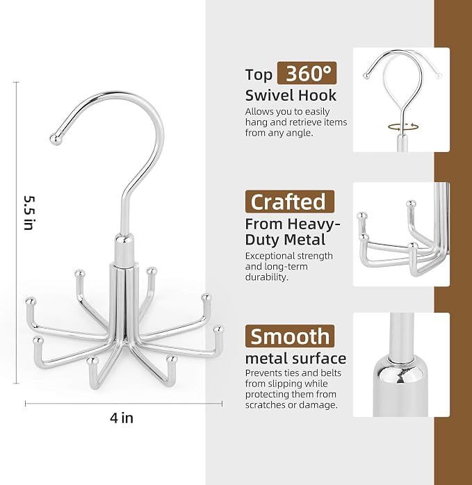 ZEDODIER Belt Organizer for Closet, Heavy-Duty Rotating Belt Hanger Tie Rack Holds up to 24 Belts, Hanging Space Saving Metal Belt Holder for Closet Storage