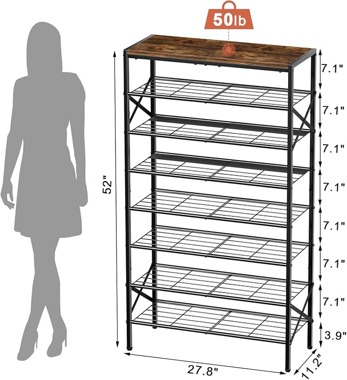 8-Tier Tall Shoe Rack Organizer Shoe Storage for Entryway 24-32 Pairs Metal Shoe Rack for Closet Heavy-Duty Shoe Rack with Wooden Top Shelf for Garage Rustic Brown
