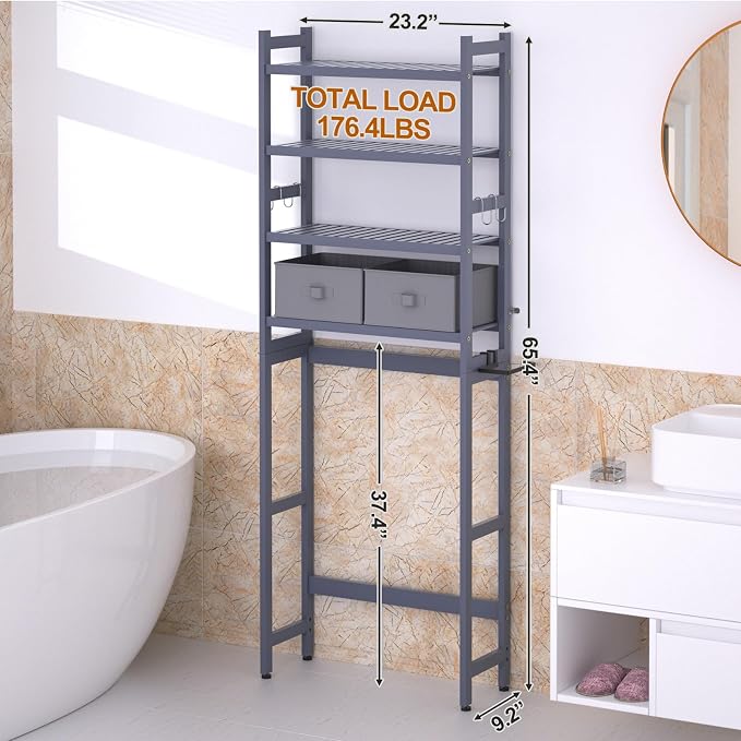 Cozivolife Over The Toilet Storage: 4-Tier Bamboo Organizer Rack with 2 Baskets & Paper Holder & 4 Hooks & Waterproof Feet Pad, Adjustable Freestanding Shelf for Bathroom (Grey)