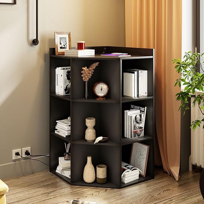 HedoAjim Corner Cabinet, Corner Storage Shelf with USB Ports and Outlets Industrial Organizer for Small Space Wooden 9-Cubby Bookshelf for Study, Playroom, Living Room (Black)