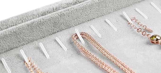 Stratalife 20 Hooks Necklace Organizer Tray, Stackable Jewelry Organizer for Women, Velvet Jewelry Display Storage Tray for Necklace Bracelet, 13.8" x 9.4" x 1.2", Grey