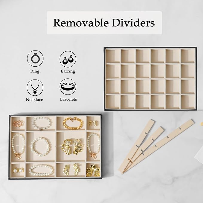 Large Jewelry Organizer Tray 2 Pack, Stackable Jewelry Storage Holder for Drawer Inserts, PU Leather Velvet Jewellery Display Case for Earring Bracelet Necklace Ring (Black Beige, 24 Grids)