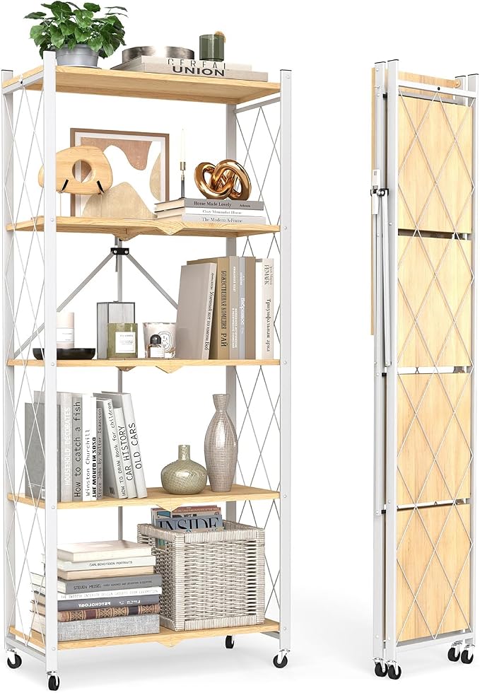 black leopard 5-Tier Foldable Shelf with Wheels, Wood-Grain Steel Shelves | Pre-assembled frame unfolds in seconds with tool-free wheel setup for fast, convenient use