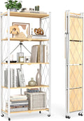 black leopard 5-Tier Foldable Shelf with Wheels, Wood-Grain Steel Shelves | Pre-assembled frame unfolds in seconds with tool-free wheel setup for fast, convenient use