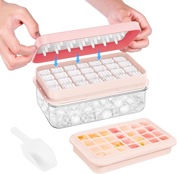 0.8“ Ice Cube Tray with Lid and Bin, PHINOX 28 Cubes Ice Trays for Freezer, Ice Cube Trays for Freezer with 1 tray, Container, Lid & Ice Scoop, BPA Free, Pink(28Cubes/Tier)
