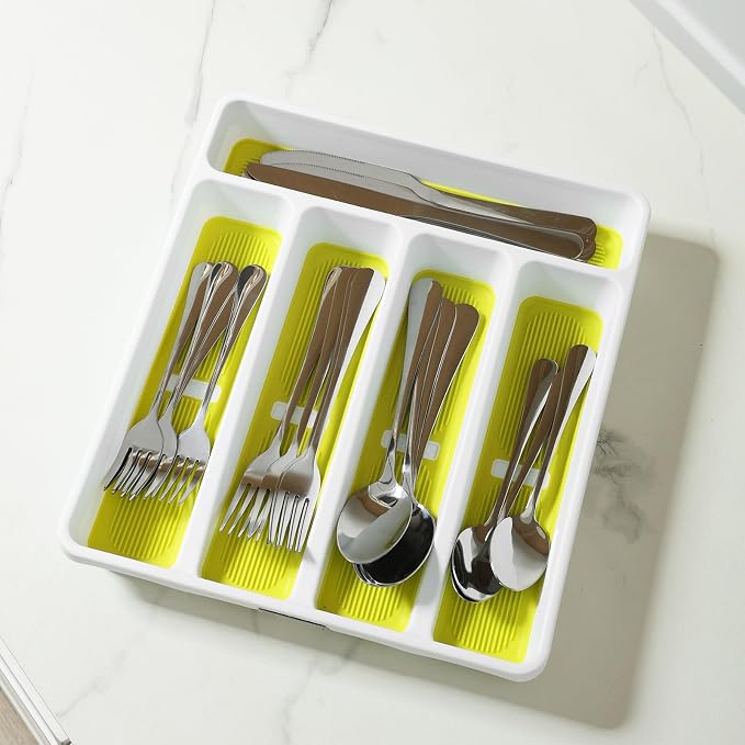 shopwithgreen Silverware Organizer with Cutlery Icons，Silverware Tray for Kitchen Drawer，Plastic Flatware Drawer Organizer Utensil Organizer with Non-slip TPR Linings，5-Compartment Silverware Caddy