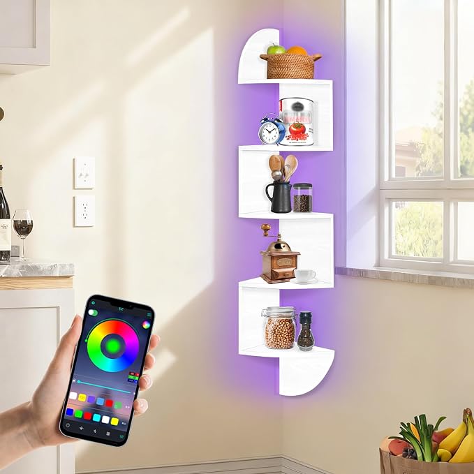 Corner Shelf Wall Mounted Corner Floating Shelves with Light | 5 Tier Corner Bookshelf Stand for Bedroom, Bathroom, Living Room, Kitchen, Office, Home Decor(White)