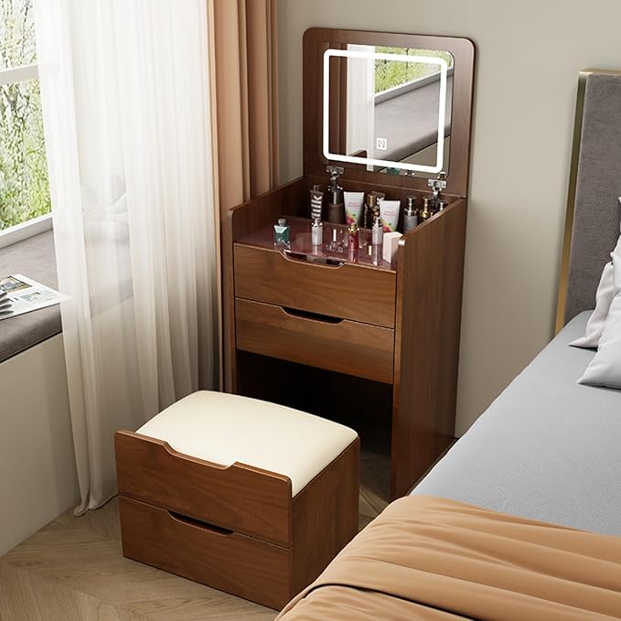 3 in 1 Vanity Desk with Mirror and Lights,Small Make Up Vanity Set with Visible Glass Desktop,Compact Makeup Vanity with 3 Drawers & Stool, Dressing Table for Bedroom (Walnut, 23.6" L)