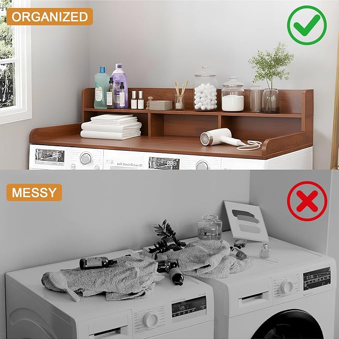 Washer Dryer Countertop with Shelf, 2-Tier Laundry Countertop Over Washer and Dryer, 54" x 27.55" Wooden Table for Folding Clothes for Laundry Room Organization and Storage (Walnut)