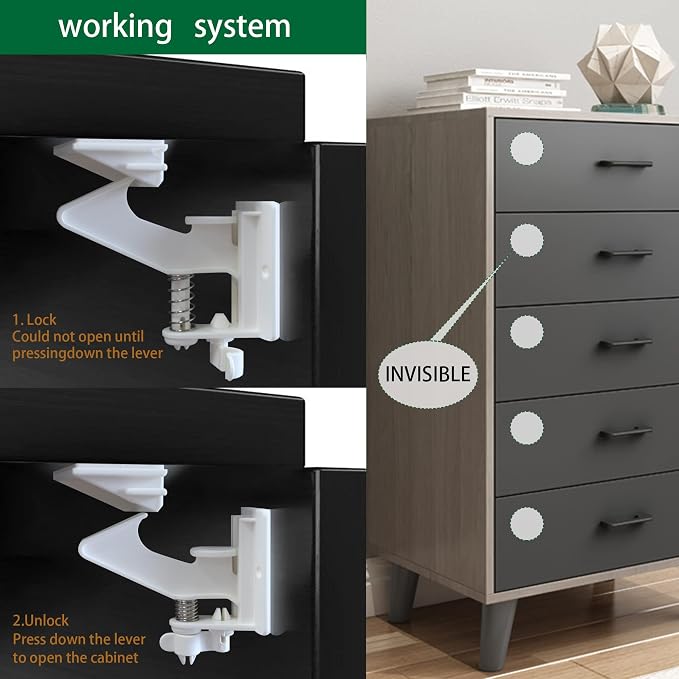 Vmaisi 20 Pack Cabinet Locks Child Safety Latches Easy Install No Drill | Upgraded Stronger Adhesive Installation with Temple - Baby Proofing Cabinets Drawers Locks