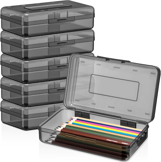 Blulu 6 Pack Large Plastic Pencil Case Box Clear Pencil Boxes Bulk Hard Crayon Box Storage with Snap Lids 8.1 x 4.7 x 2.2 Inch Painting Organizer Classroom Stationery School Supplies (Gray)