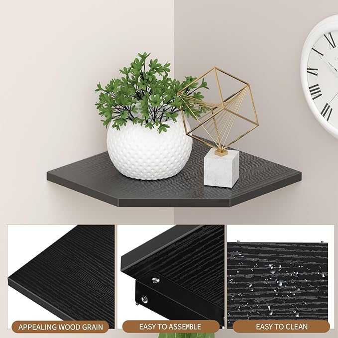 JJL Corner Wall Shelf, Set of 2 Floating Corner Shelf for Wall Storage,Easy-to-Assemble,Wall Mount Corner Shelves for Teen Boy Room Decor,Minimalist Decor(14.76in Black)