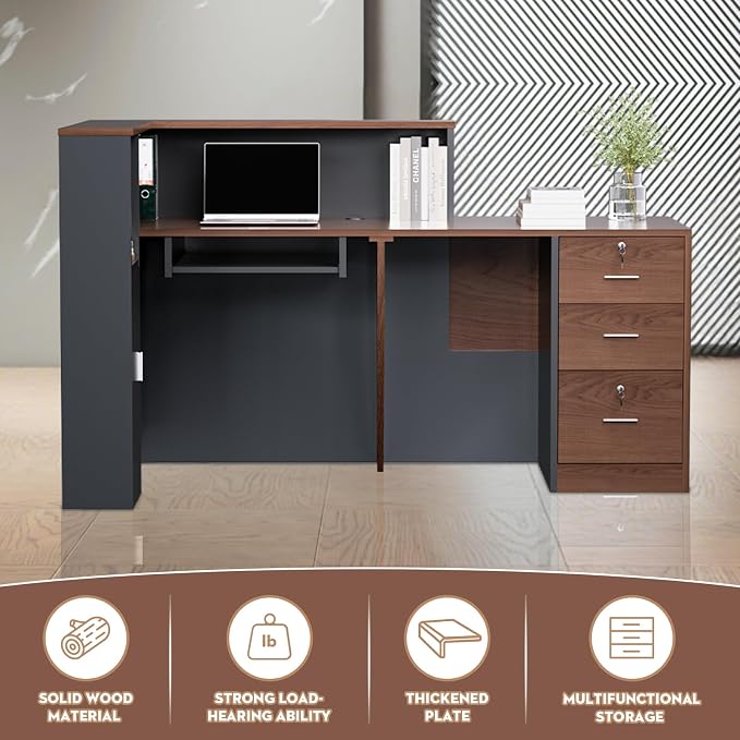 Ceridwen L-Shaped Large Wooden Reception Desk, Modern Front Desk Reception Counter with Lockable Drawers, Storage & Keyboard Tray for Office Lobby Checkout (Left-Brown + Black, 71''L x 34''W x 41''H)