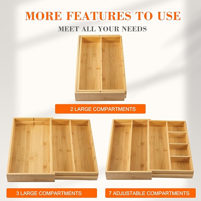 Bamboo Sliding Desk Drawer Organizer 12'' up to 15.7'' x 14'' x 2.2'' Expandable Office Desk Accessories Supplies Tray with 7 Compartments for Pens, Notebooks, Rulers, and Makeup Jewelry Vanity