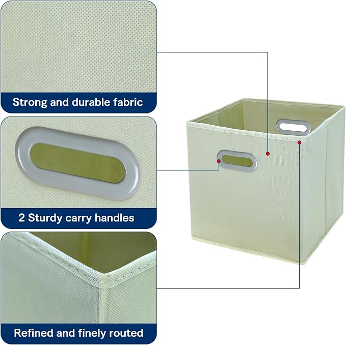 STOREONE Fabric Storage Bins Cubes Baskets Containers-(11X11X11) with Dual Handles Cube Storage Organizer Bins for Shelf Closet, Bedroom Organizers, Foldable Set of 3 (Creamy- White )