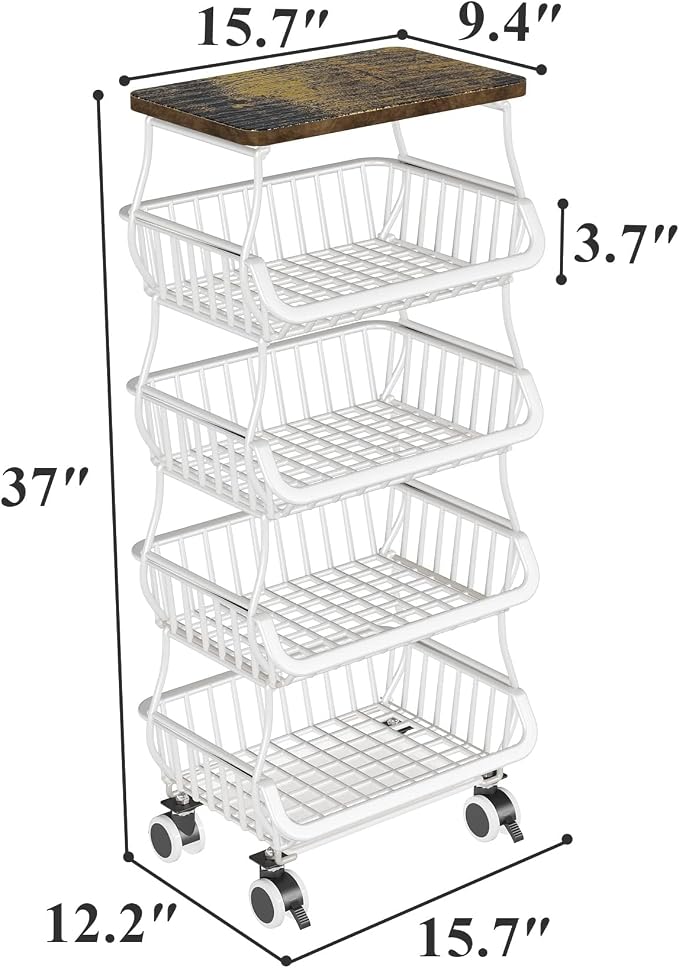 SAYZH Fruit Basket Kitchen Pantry Organizers and Storage - Wooden Top Table, Stackable Metal Wire Basket Stand Cart for Fruit Vegetable Snacks Onion Potato Organization (White, 5 Tiers)