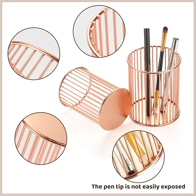 2 Sets Metal Pen Holder for Desk, Makeup Brushes Cup Holder, Pencil Holders, Pen cup, Home and Office Organizer, Rose gold