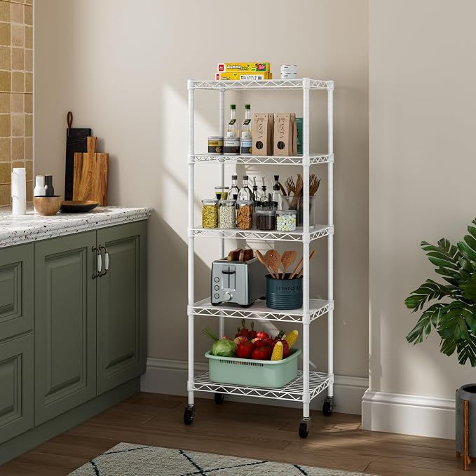 Golpart Small Shelves Storage Wire Metal Adjustable Shelf Unit with Wheels | 5 tier Shelving Organizers Storage Shelving for Bathroom Laundry Room Kitchen Pantry 11.7”D x 17.7”W x 57.2”H White