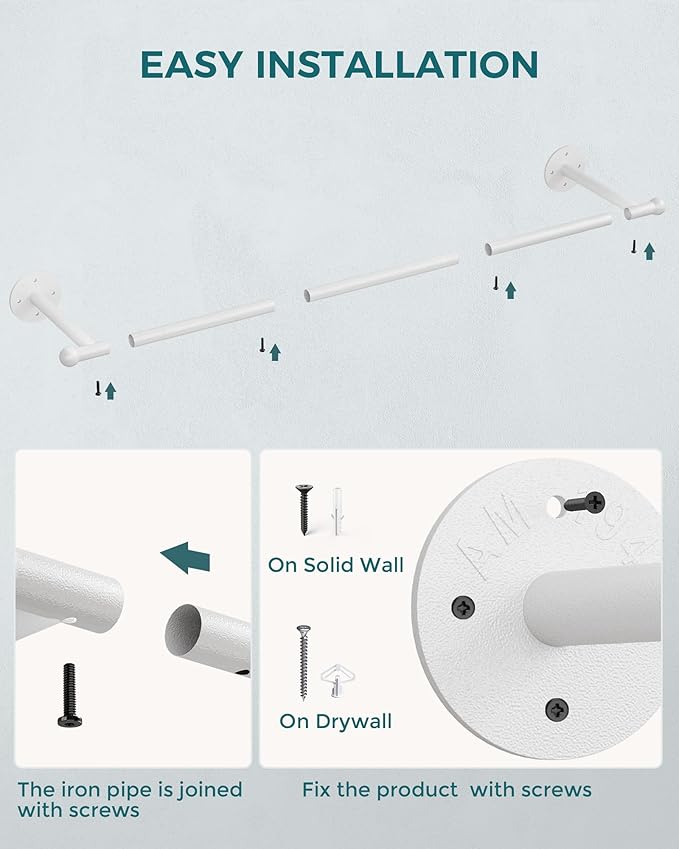 OROPY 33" Industrial Pipe Clothing Rack, Wall Mounted Clothes Rack 2 Pack | White, Closet Rods for Hanging Clothes, Multi-purpose Hanging Rod for Laundry Room, Bedroom and Closet Storage