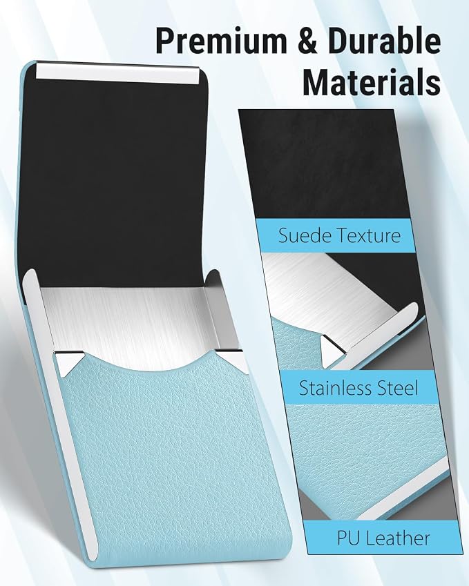 MaxGear Business Card Holder, PU Leather Business Card Case, Light Blue | Stainless Steel Interior, Magnetic Closure, RFID Blocking, Holds 15–25 Standard Business Cards