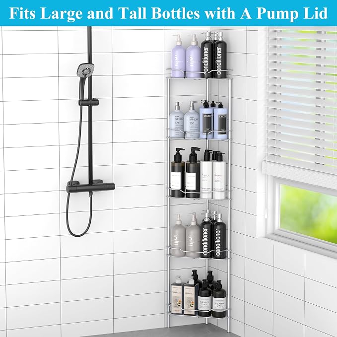 HuggieGems 5 Tier Floor Standing Corner Shower Caddy Organizer Shelf with Hooks, Bathroom Shelves Stand Rack, Silver
