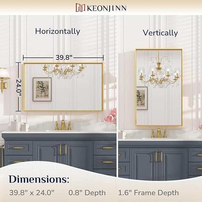 Keonjinn Gold Mirror for Bathroom 40 x 24 Inch, Brushed Gold Rectangular Mirror for Wall, Metal Framed Mirrors for Bathroom Sink, Full Length Rectangle Vanity Mirrors