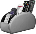 FINTIE Remote Control Holder, 5 Compartments Vegan Leather TV Remoter Caddy Desktop Organizer Makeup Brush Holder Storage Fits TV Remotes, Media Controllers, Office Supplies(Silver Gray)