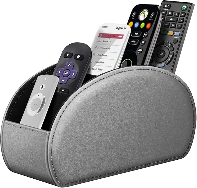 FINTIE Remote Control Holder, 5 Compartments Vegan Leather TV Remoter Caddy Desktop Organizer Makeup Brush Holder Storage Fits TV Remotes, Media Controllers, Office Supplies(Silver Gray)