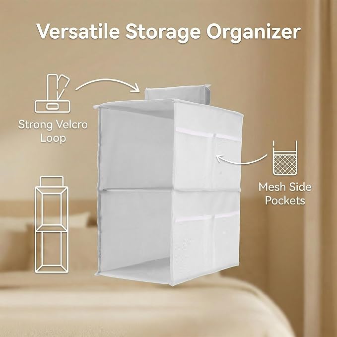 2-Shelf Closet Hanging Organizer Foldable Hanging Storage Shelves with Strong Magic Tapes Space-Saving Wardrobe Hanging Shelf for Clothes Towels Accessories Gray