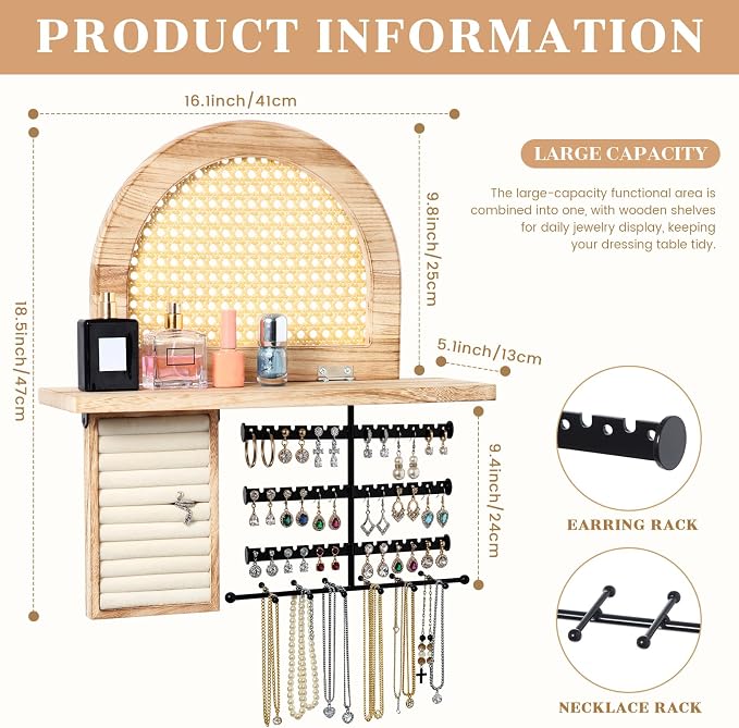 AceOrbit Hanging Jewelry Organizer Wall Mounted with Rustic Wood Rattan Shelf Wooden Ring Display Box Large Boho Jewelry Holder for Necklaces Bracelet Earrings Rings Storage