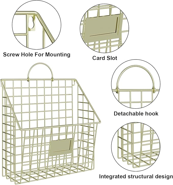 Yuzehuaza Wall File Organizer Mesh Hanging Wall Files Holder,Magazine Rack and Mail Basket with Hooks, Office Wall Organizer for Papers Folders Files Clipboard 4 Packs, Gold(Patent Pending)