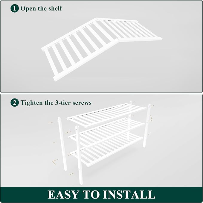 Smiry Bamboo Shoe Rack for Closet, 3 Tier Long Wooden Shoe Organizer, Stackable Wood Shoe Storage Shelf for Entryway, 14 Vertical Slats, One-piece Heavy-Duty Legs, 33.86"x11.02"x18.31", White