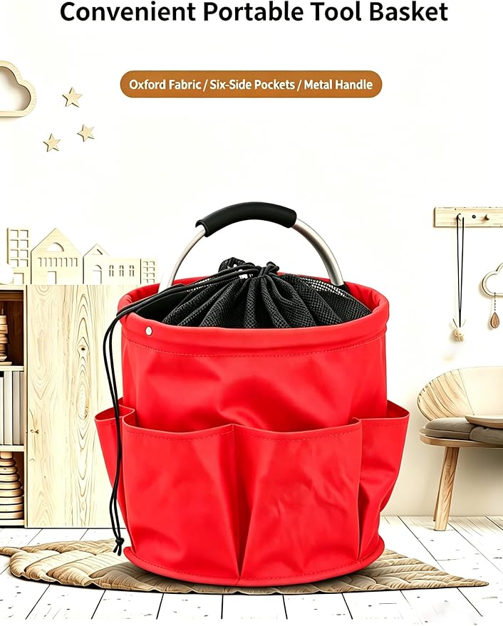 Garden Tool Bucket Organizer, Bucket Tool Organizer,5 Gallon with Aluminum Handle, Multi Side Pockets Portable Storage Caddy for Gardening Camping Car Wash (Red, Drawstring Closure)